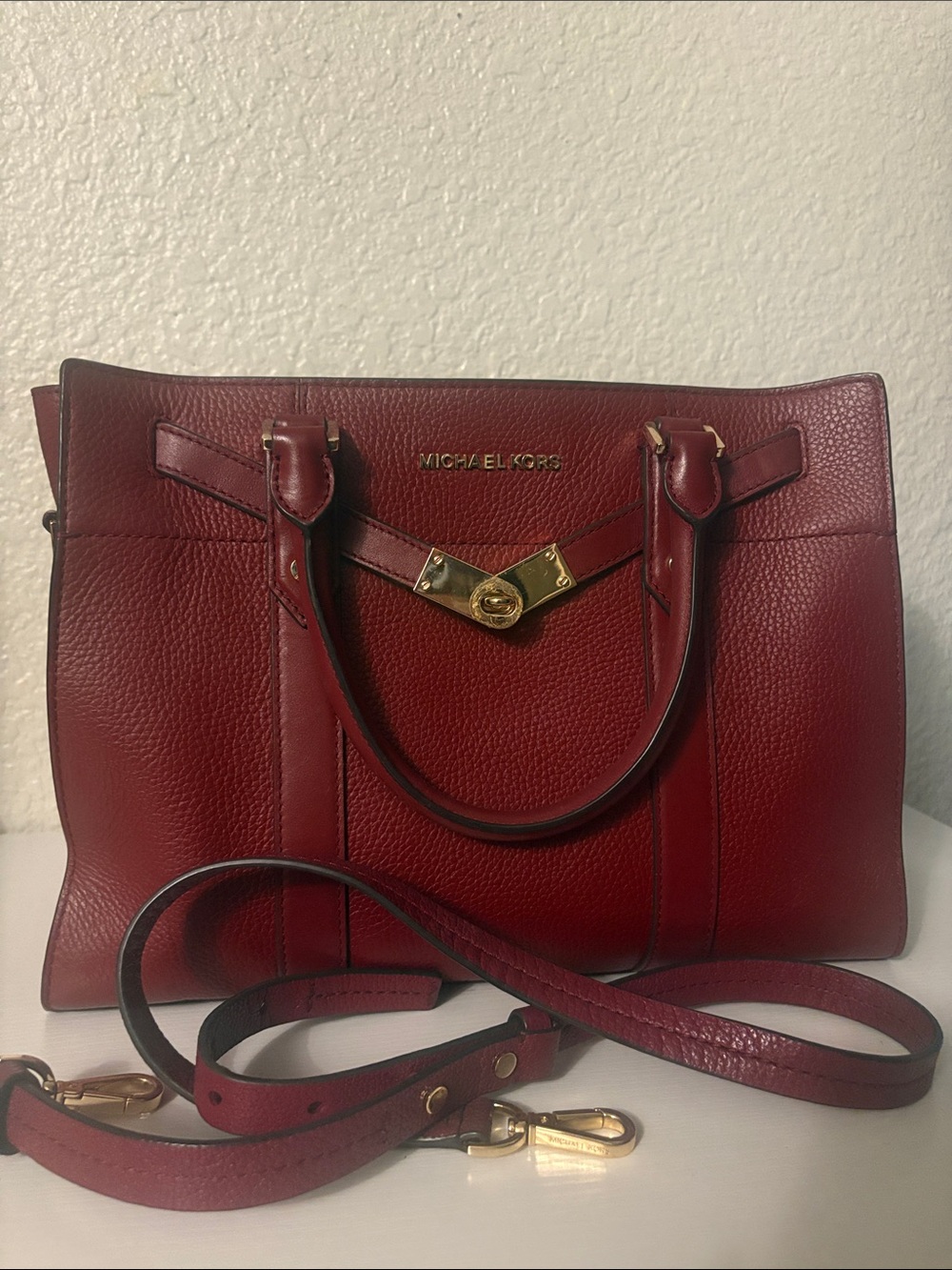 Michael Kors Burgundy Pebbled Leather Satchel with Gold Hardware